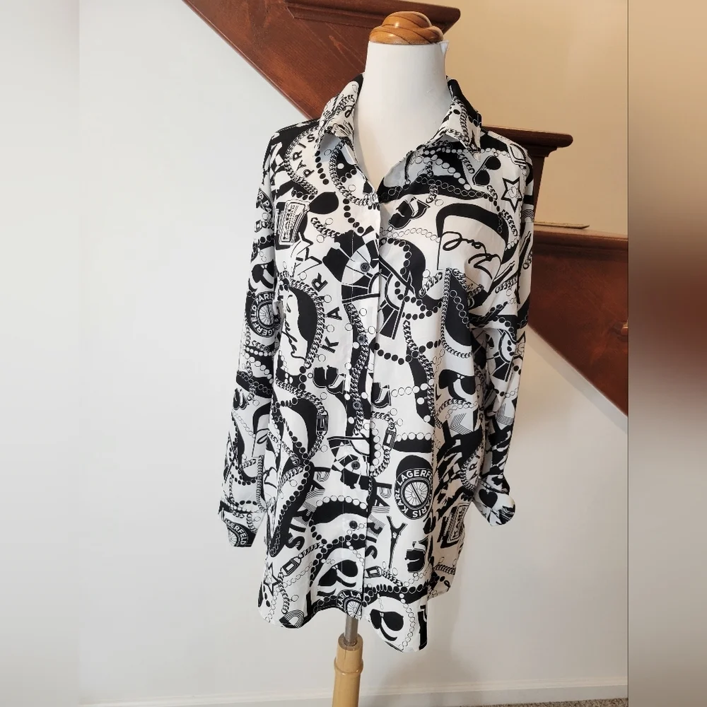 KARL LAGERFELD Black White Print Button Up Shirt Top Size S New - Picture 1 of 4